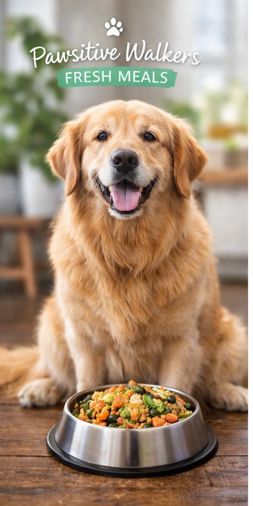Happy dog with a bowl of fresh food